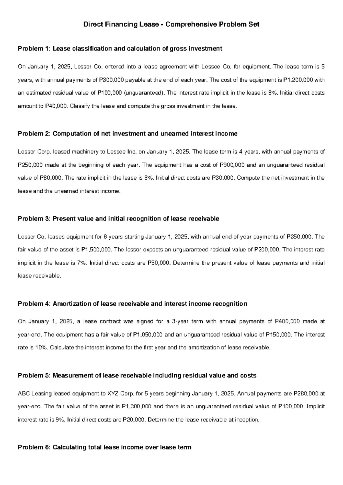 Direct Financing Lease Problems Set (2025) - Comprehensive Guide - Studocu