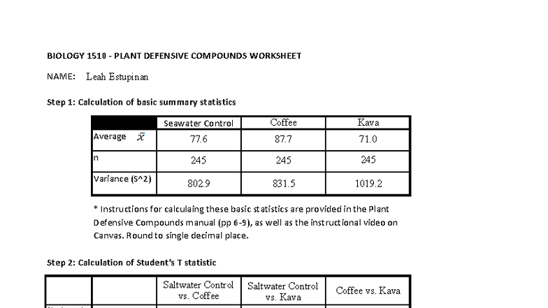 BIOL 1510 Plant Defenses Stats Worksheet - W2024 Analysis - Studocu
