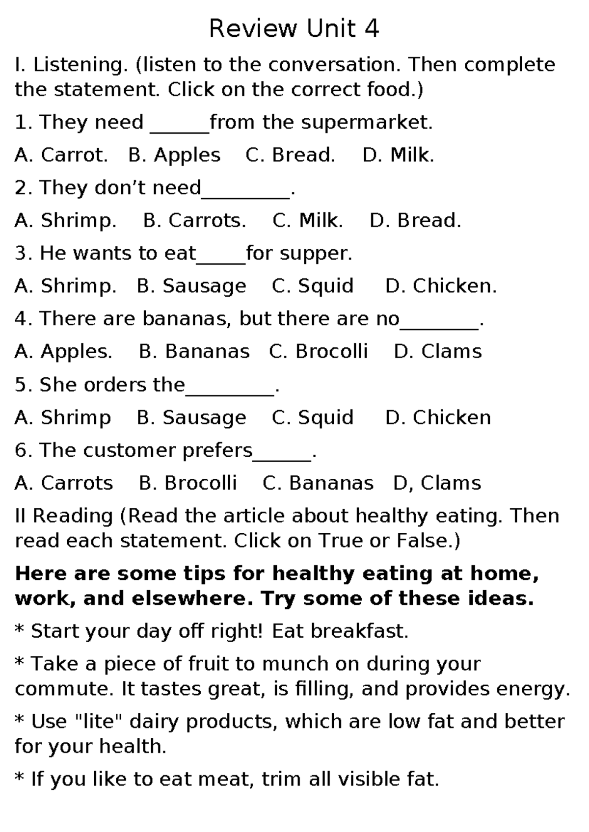 Review Unit 4: Listening & Reading Activities for Healthy Eating - Studocu