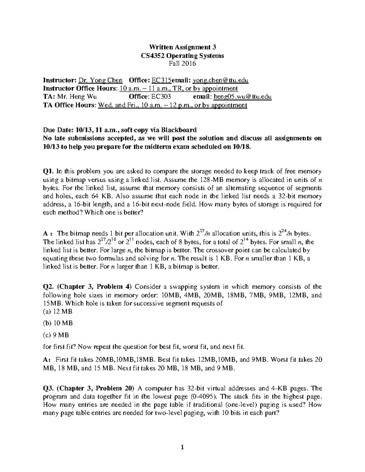 Written Assignment 3-solution - Written Assignment 3 CS4352 Operating ...