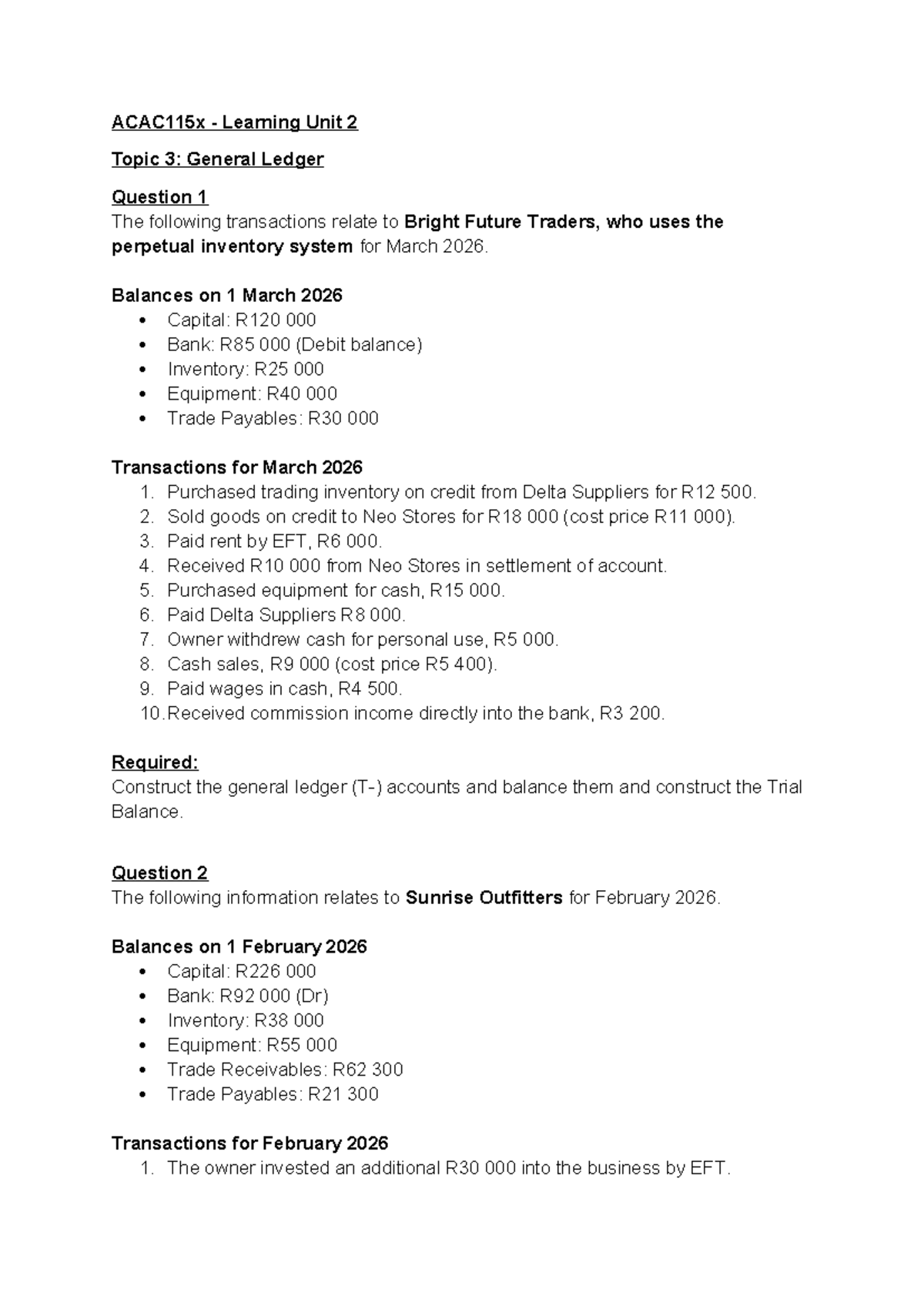 ACAC115x Learning Unit 2: General Ledger Questions for March 2026 - Studocu