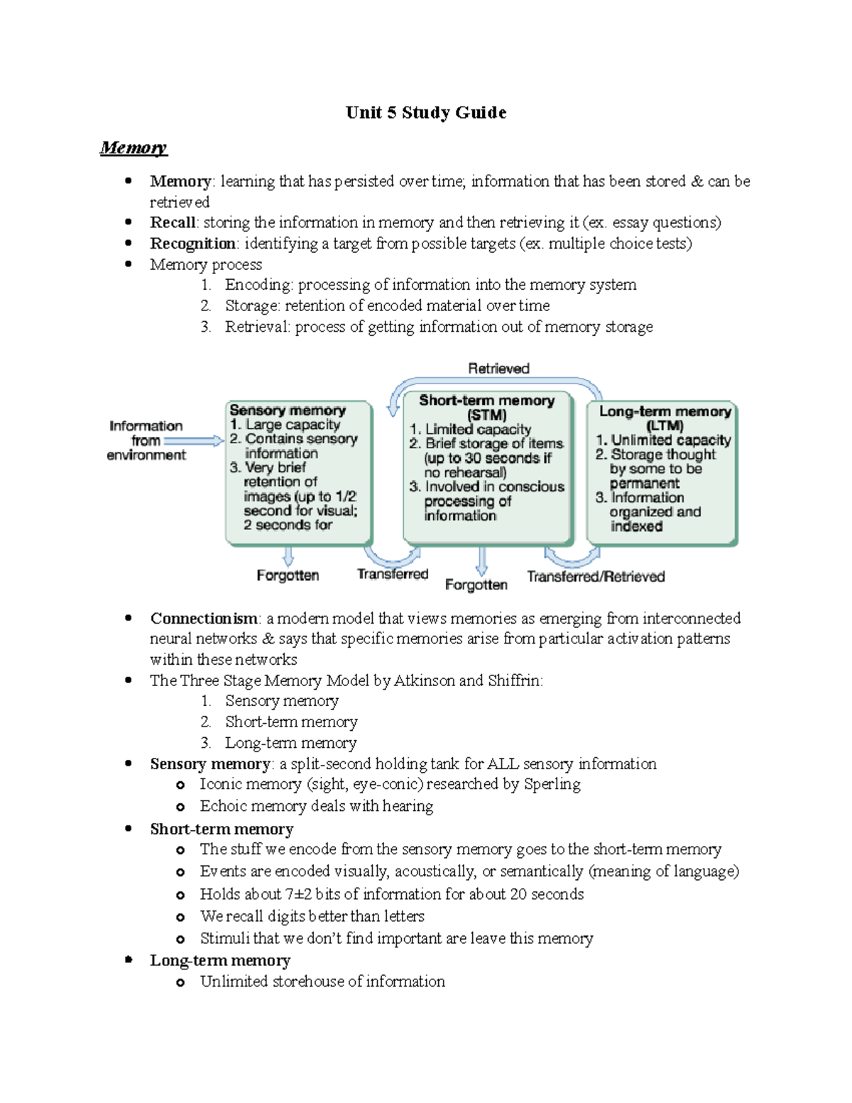 Unit 5 - AP Psych notes - Unit 5 Study Guide Memory  Memory 