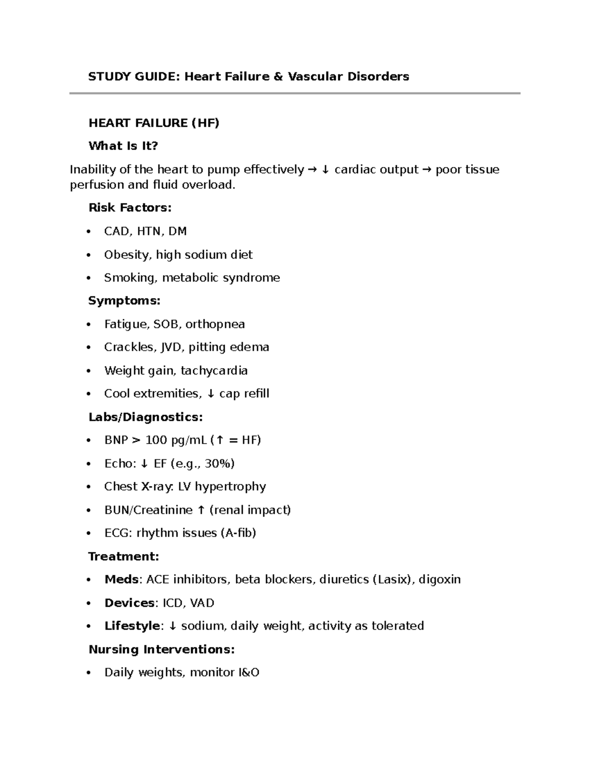 🩺 Med Surg 2 Study Guide: Heart Failure & Vascular Disorders - Studocu