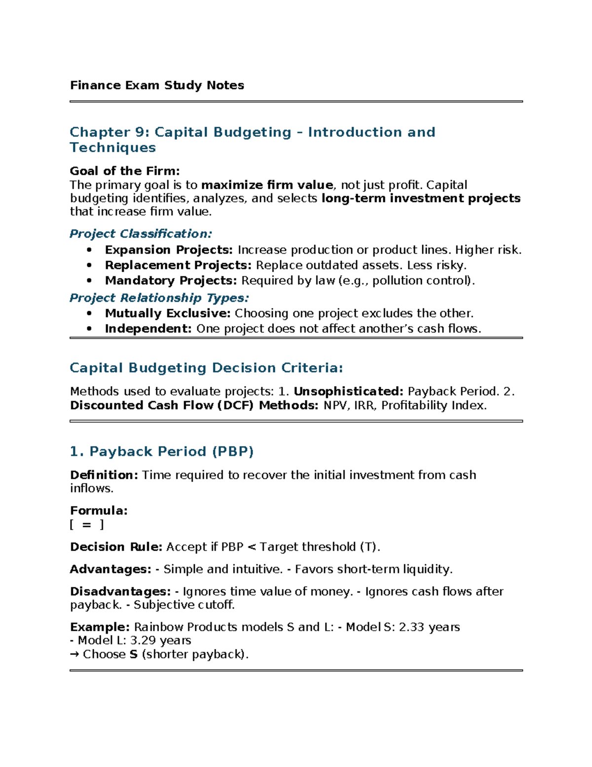 Finance Exam Study Notes: Chapter 9 & 10 - Capital Budgeting Techniques ...