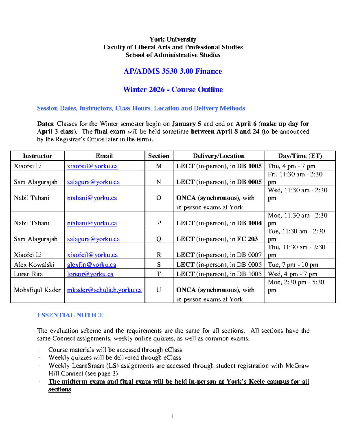ADMS 3530 Winter 2026 Finance Course Outline and Schedule - Studocu