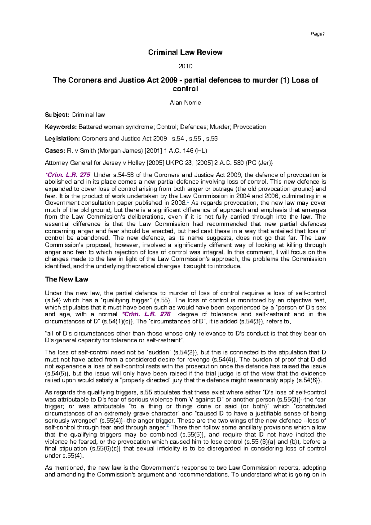 Article loss of control diminished responsiblity - Criminal Law Review ...