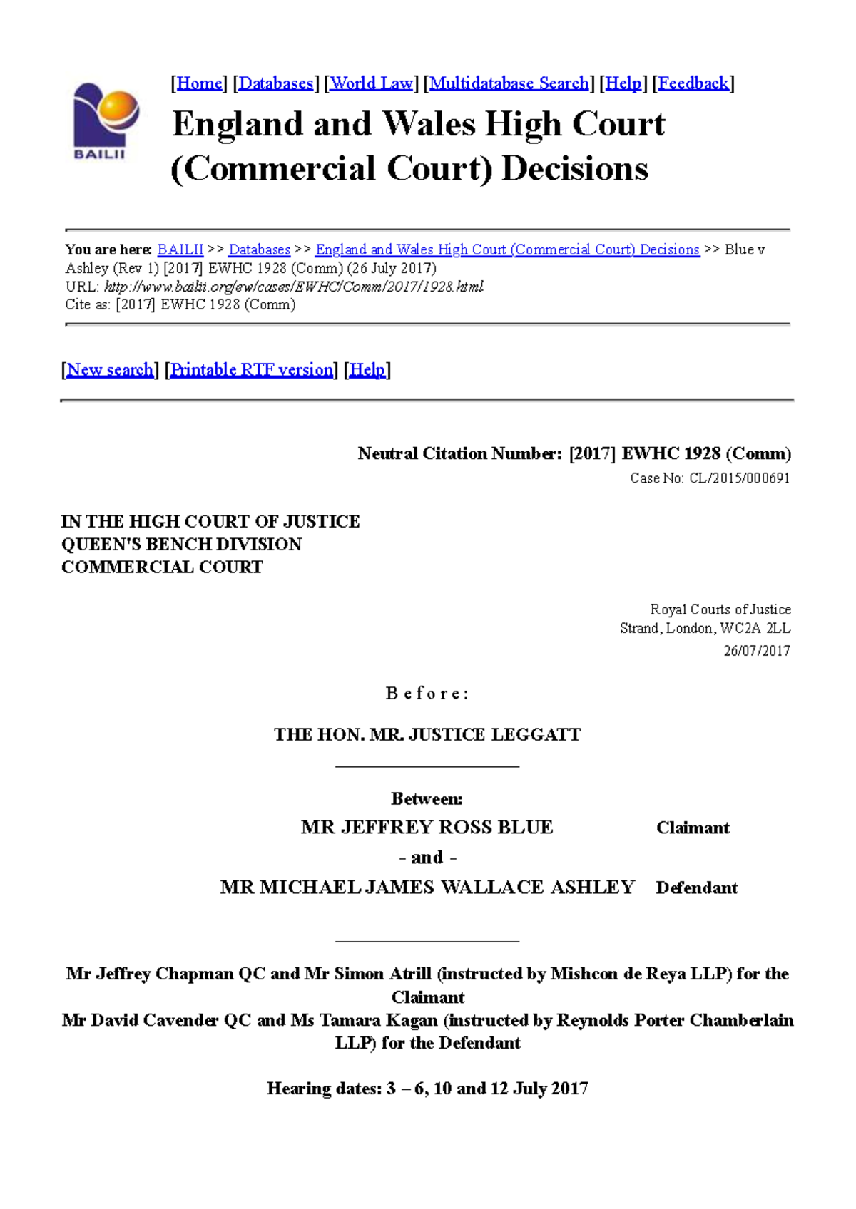 Blue v Ashley: EWHC 1928 (Comm) - High Court Decision Analysis - Studocu