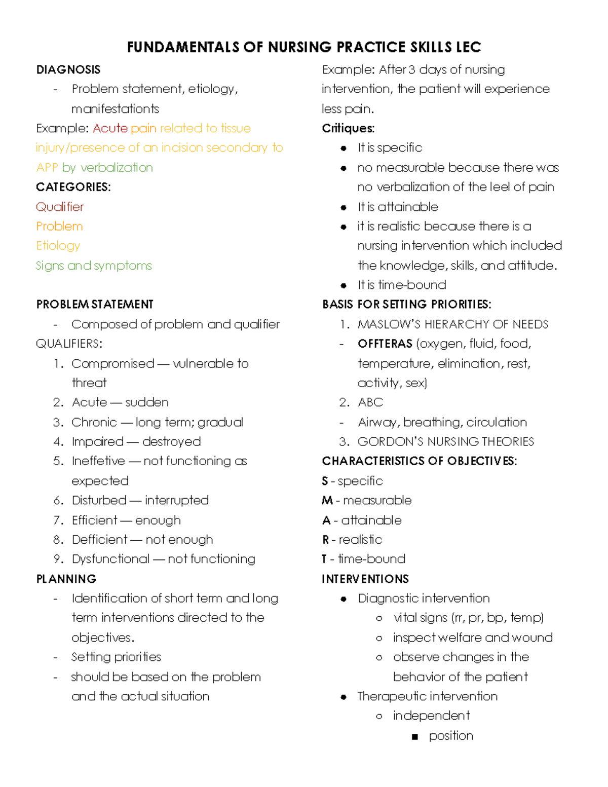 Fundamentals of Nursing Practice Skills (NURS 101) Lecture Notes - Studocu