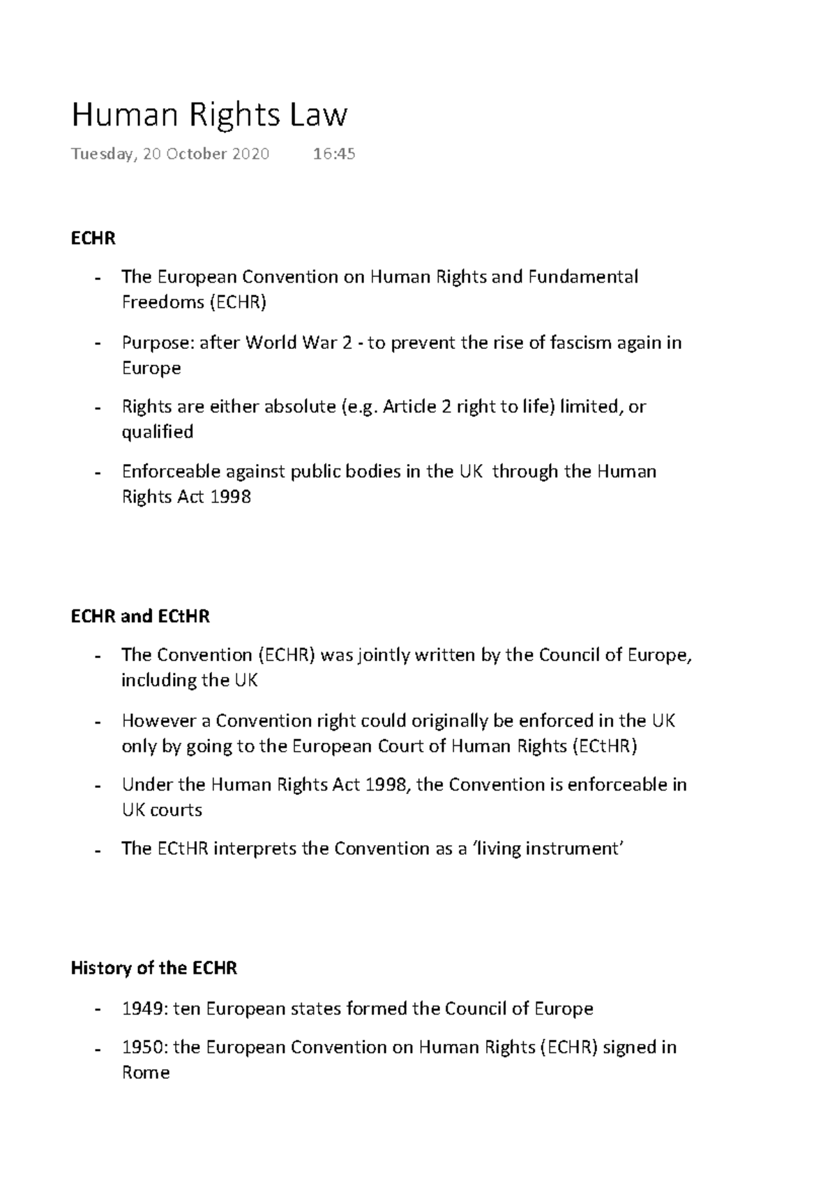 ECHR and Human Rights Law Overview for Legal Studies 2023 - Studocu