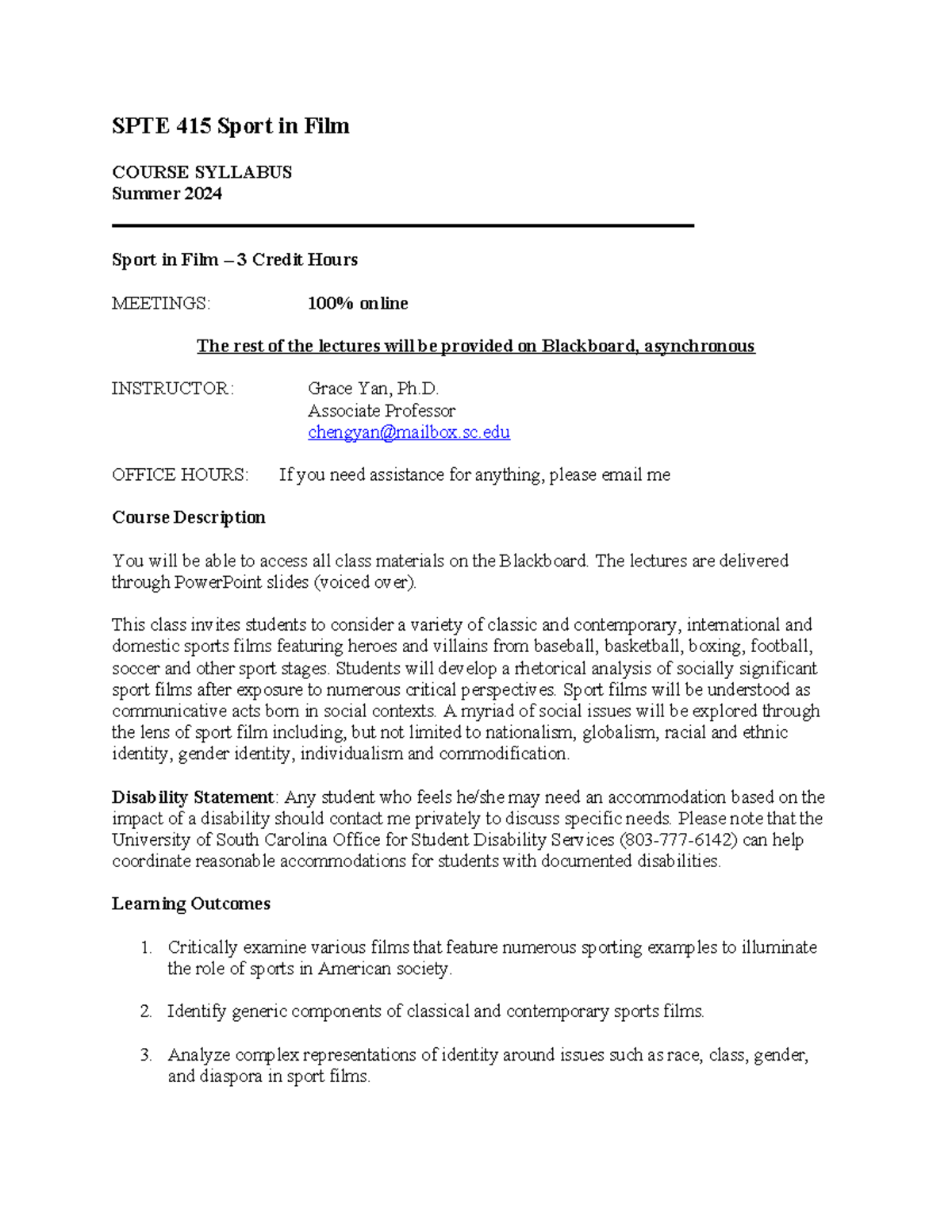 SPTE 415 Summer 2024 Syllabus: Sport in Film Course Overview - Studocu