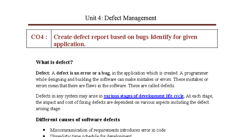 Unit 4: Defect Management Strategies and Reporting Techniques - Studocu