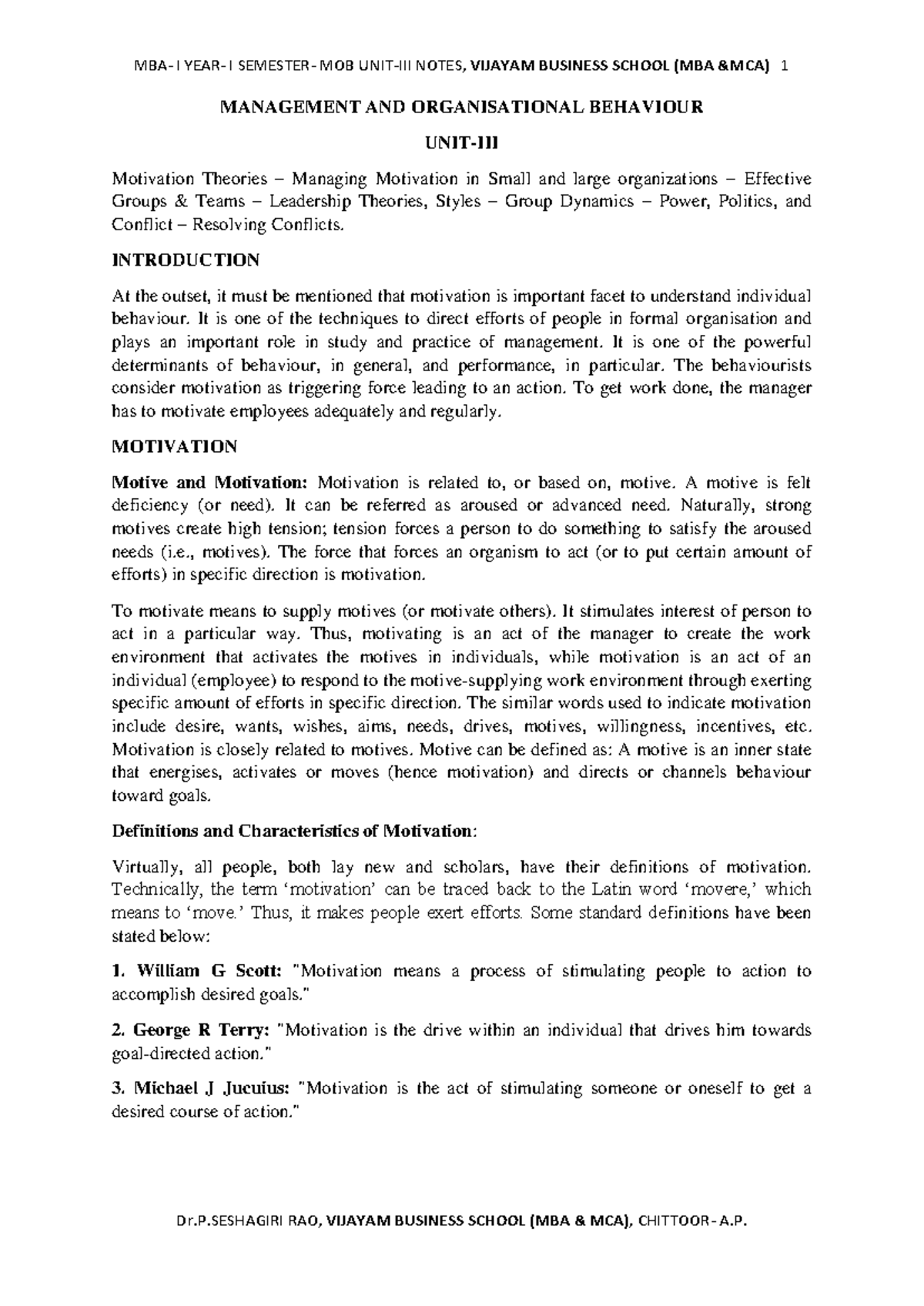 MBA 1: Management & Organizational Behavior - Motivation Theories Notes ...