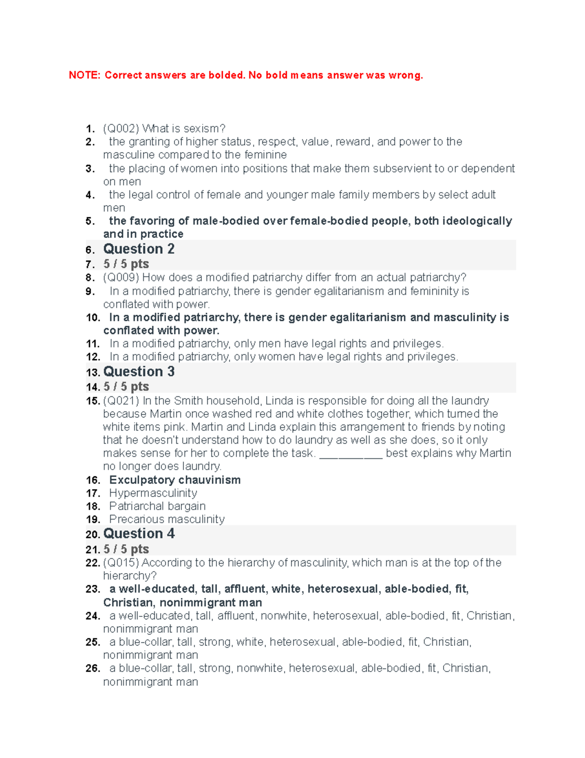 Gender and Society: Chapter 6 Quiz - NOTE: Correct answers are bolded ...