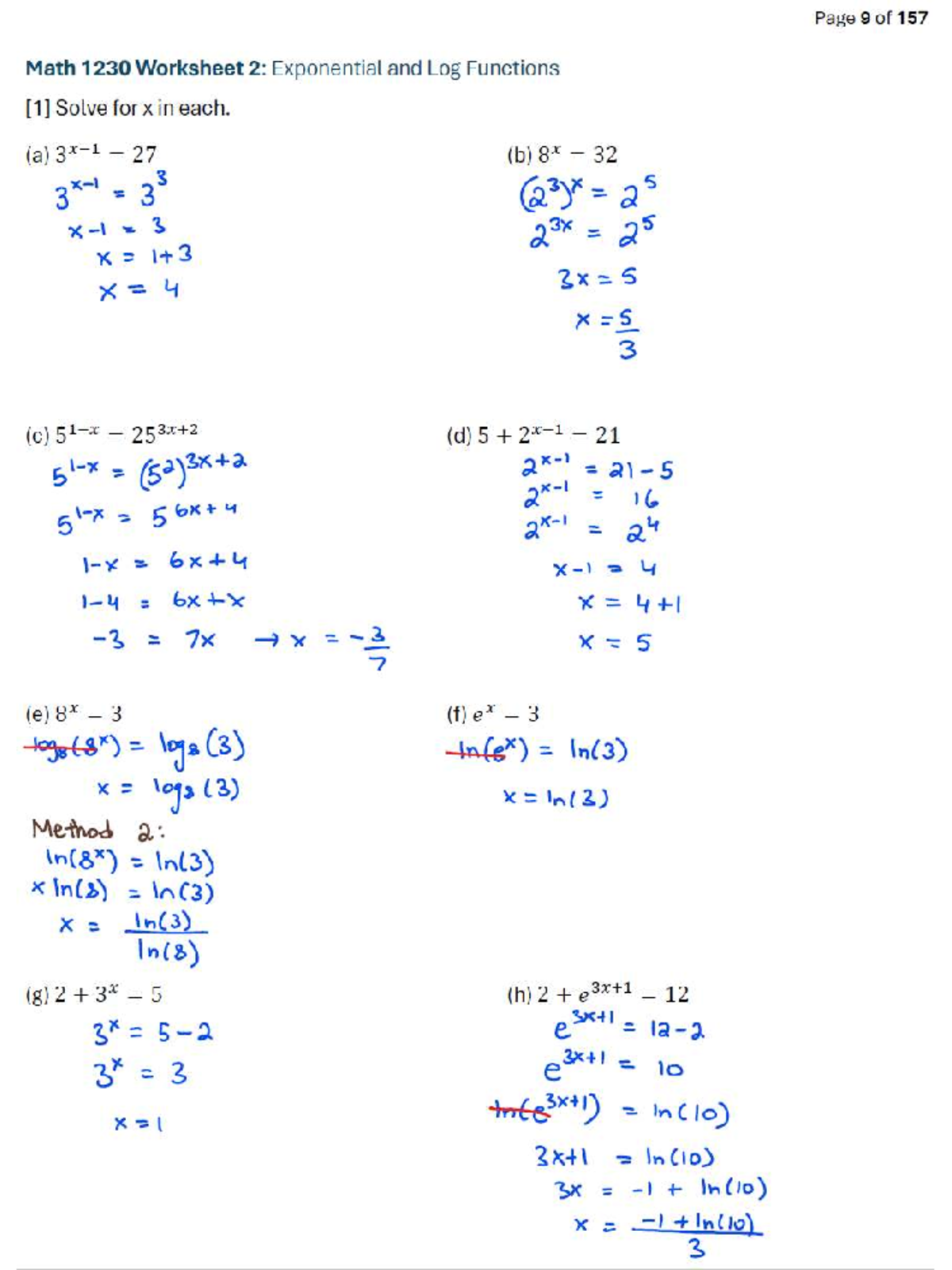 Math 1230 Worksheet 2: Solving Exponential & Logarithmic Equations ...