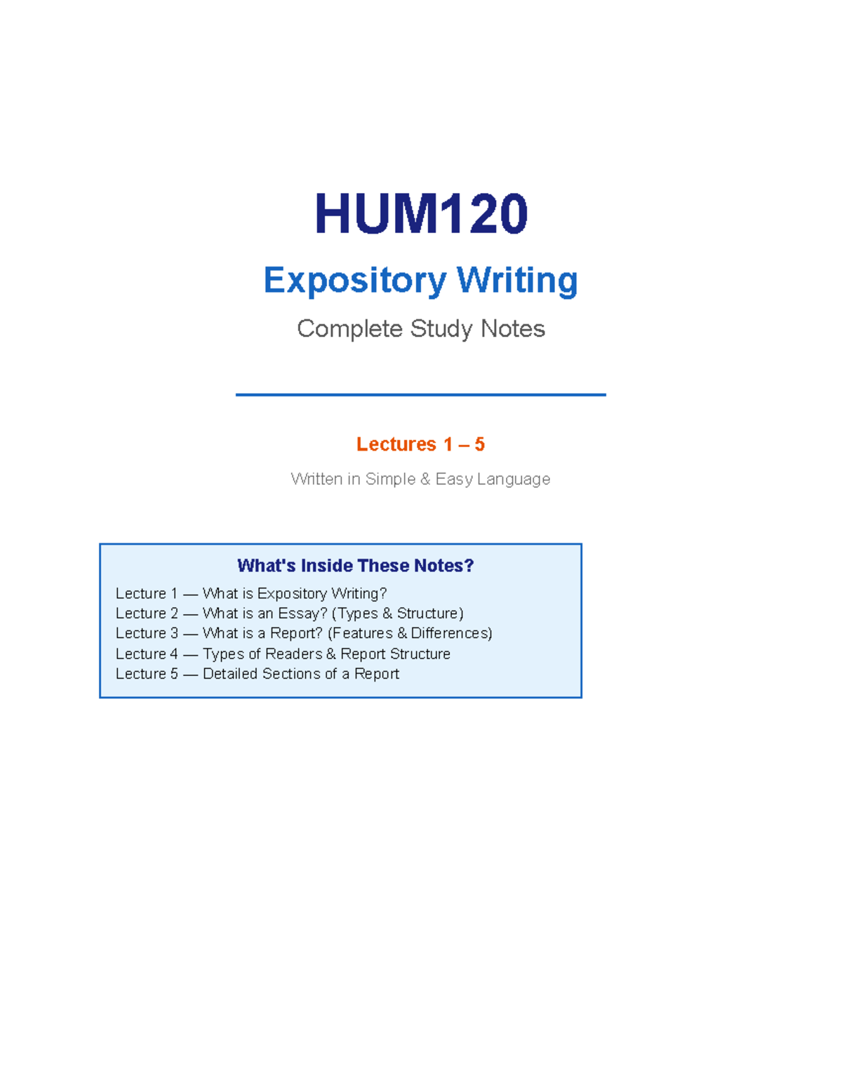 HUM120 Expository Writing Study Notes: Lectures 1-5 Overview - Studocu