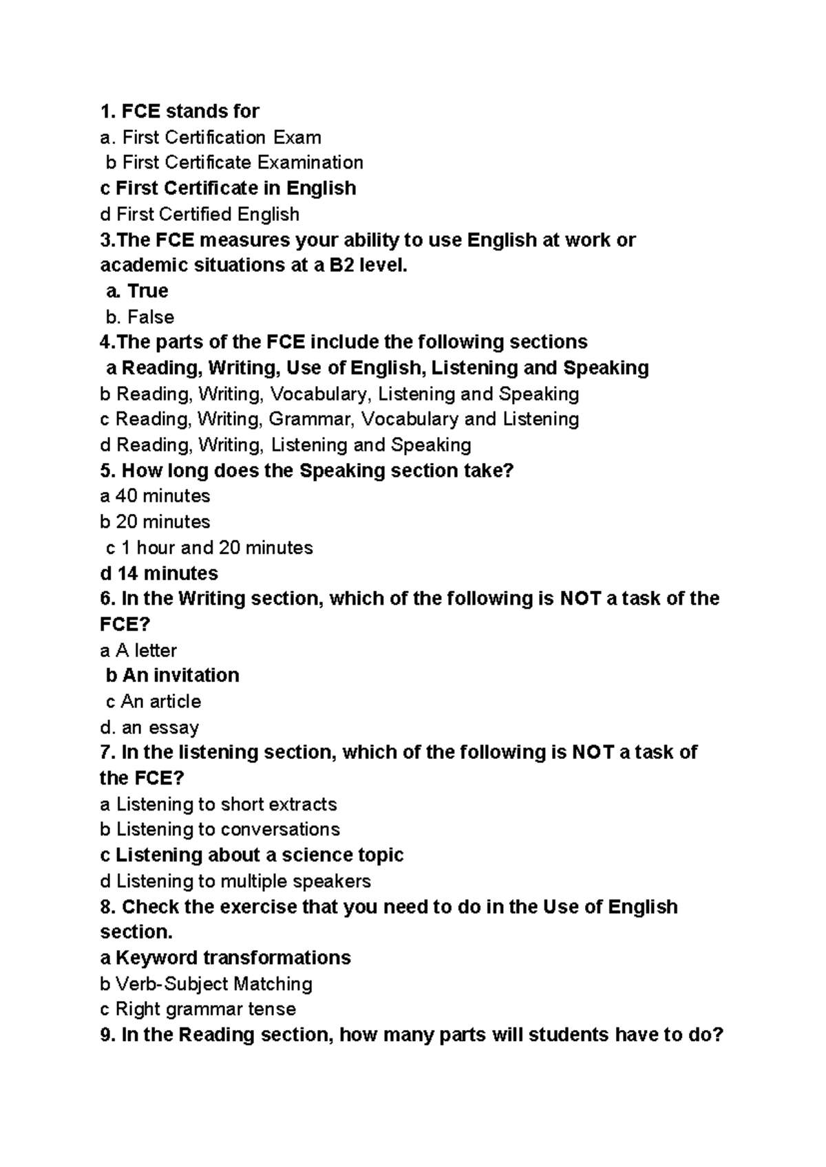 Quiz - FCE Exam Overview and Key Sections - Studocu