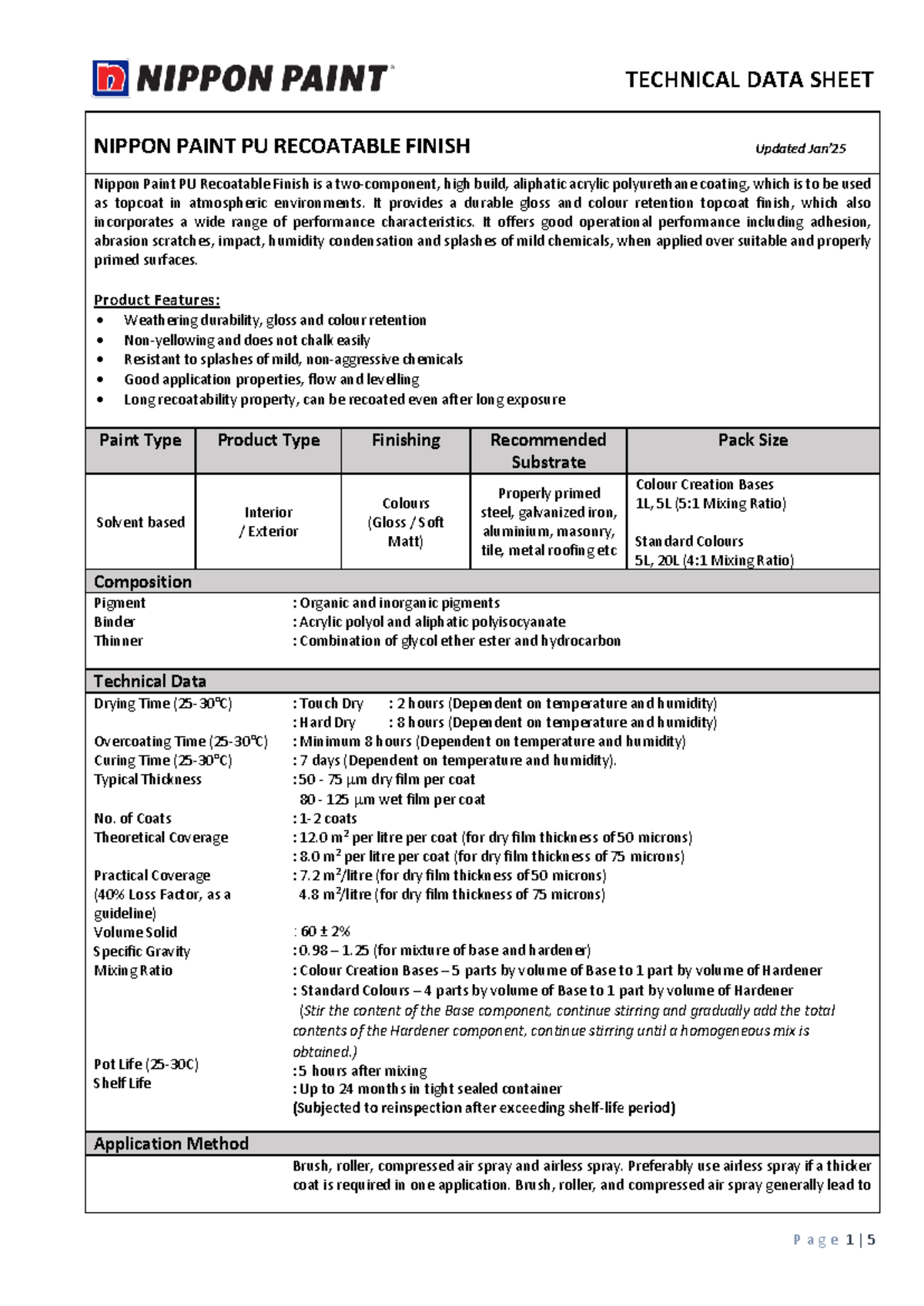 NIPPON PAINT PU RECOATABLE FINISH TECHNICAL DATA SHEET - Studocu
