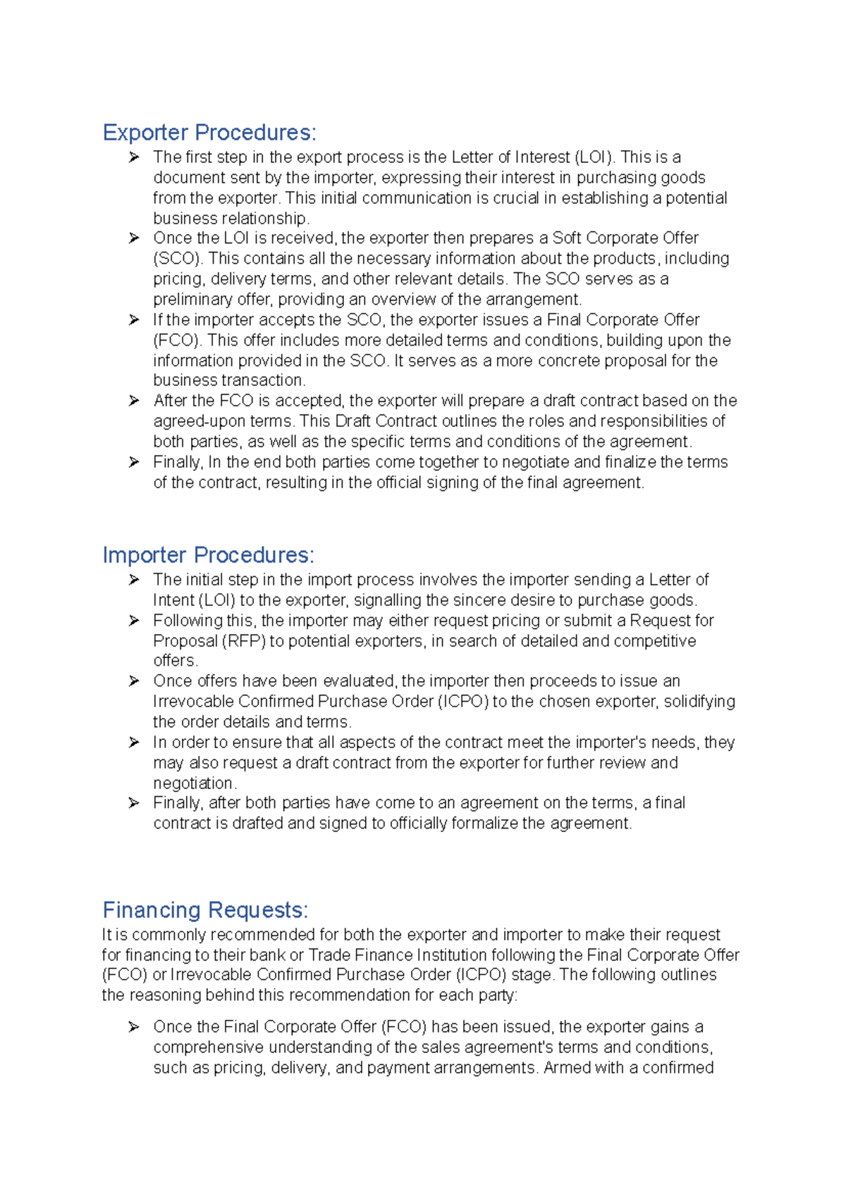 Transaction procedure - Exporter Procedures: The first step in the ...
