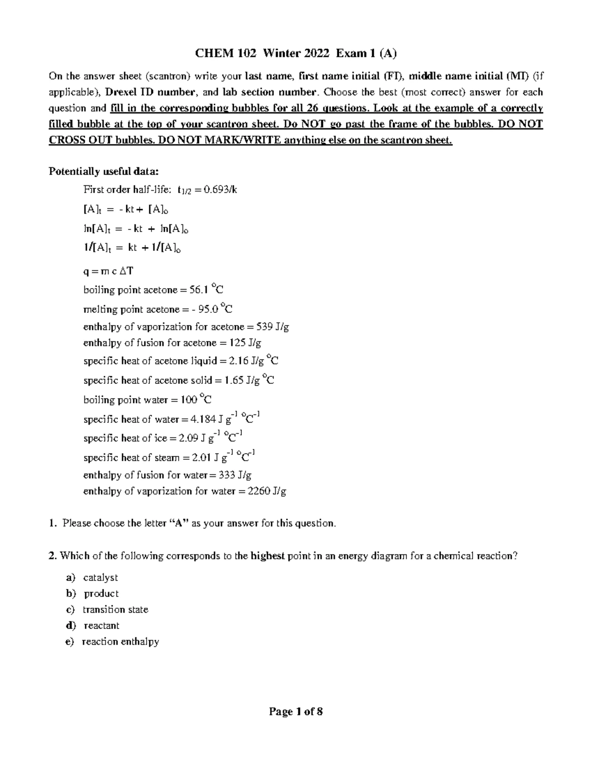 Final Exam Answers Key for CHEM 102 Winter 2022 - Studocu