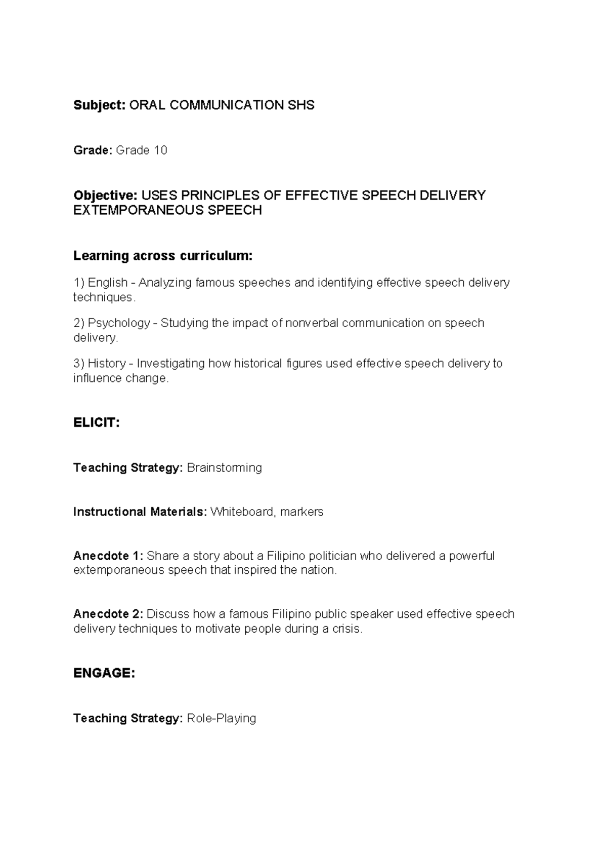 Lesson Plan: Effective Speech Delivery in Oral Communication SHS - Studocu