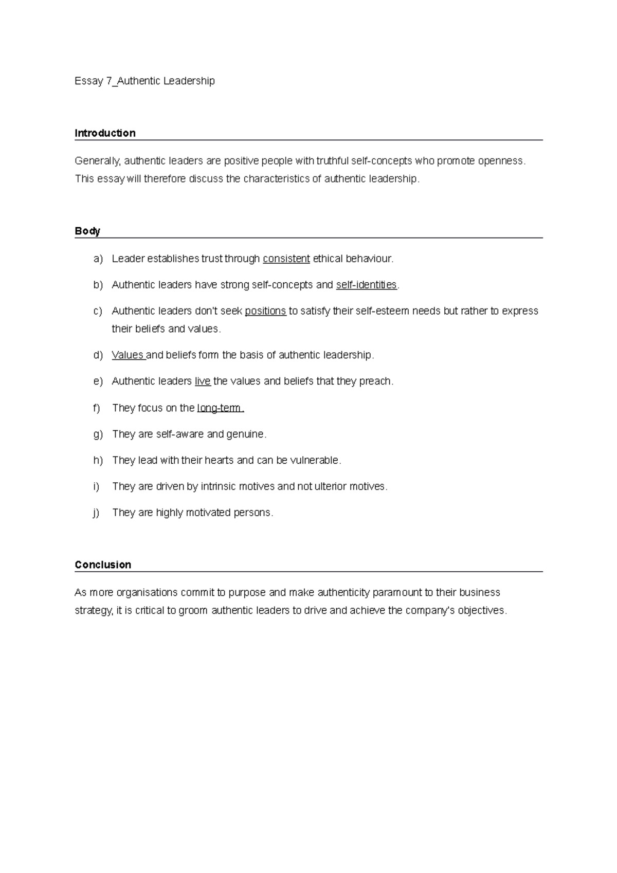 Essay 7: Characteristics of Authentic Leadership - Studocu