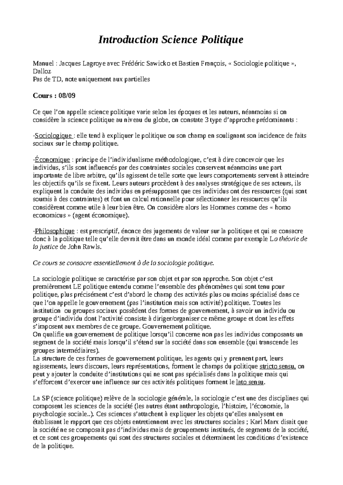 Cours de Science Politique 1 : Approches et Concepts Essentiels - Studocu