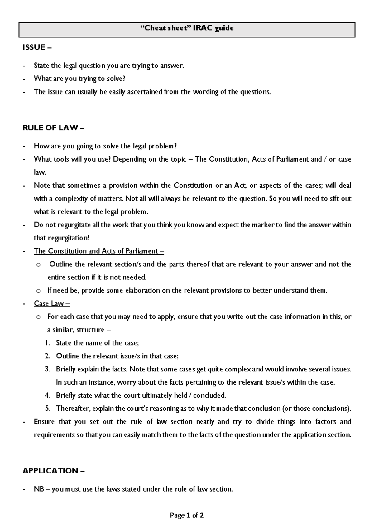 IRAC Guide: Legal Problem Solving Cheat Sheet (Courtney Chetty) - Studocu