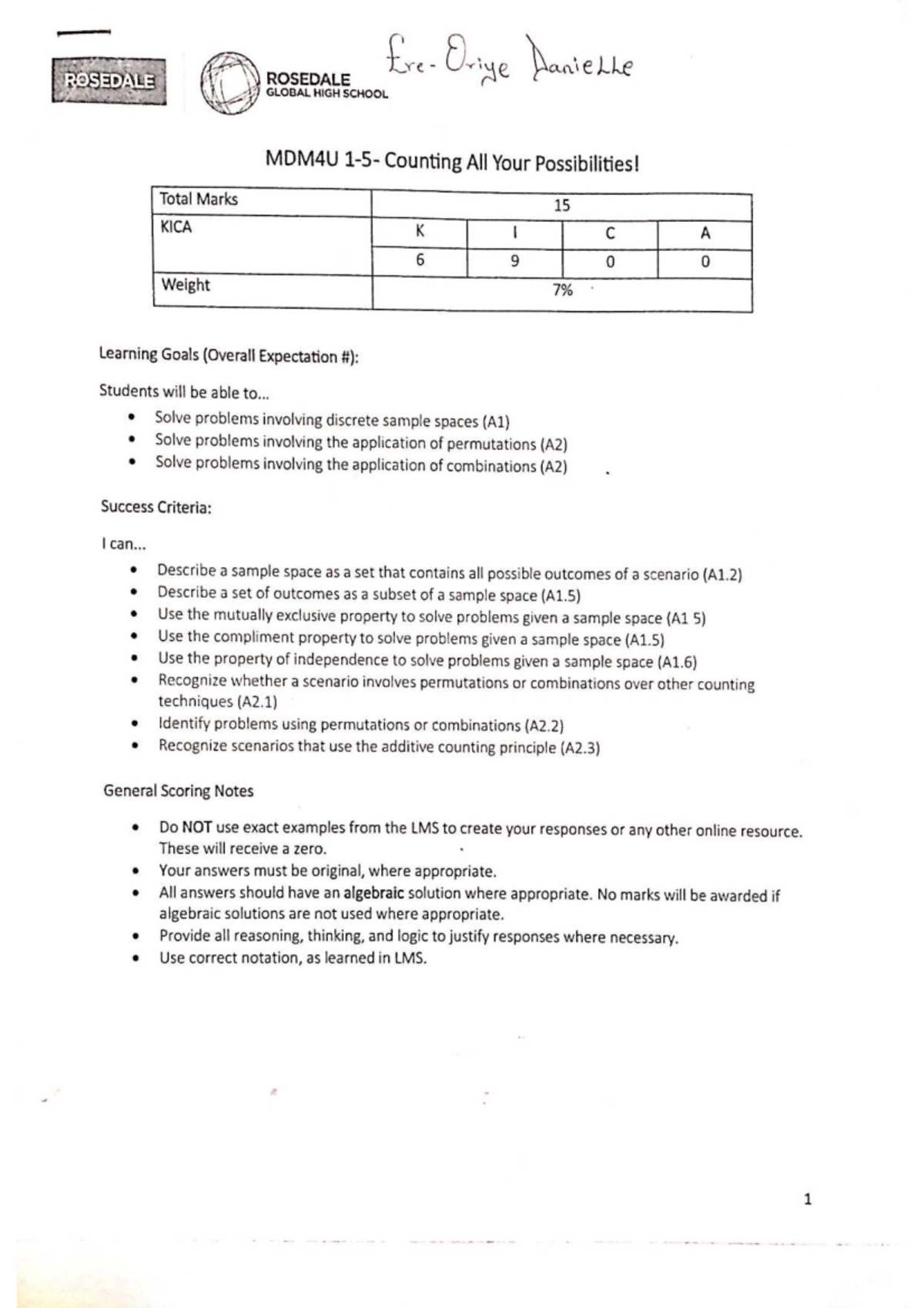 MDM4U Final Exam: Counting Possibilities and Combinatorial Methods ...