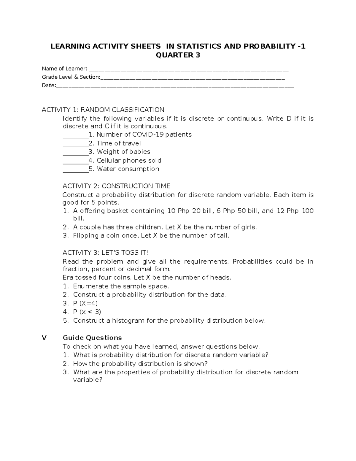 Learning Activity Sheets in Statistics and Probability 1: Quarter 3 ...
