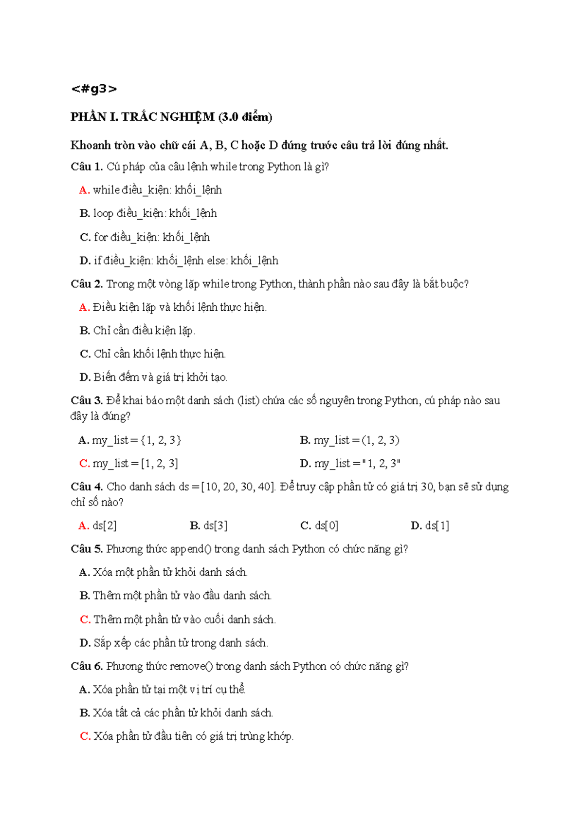 Trộn Đề 10 - Trắc Nghiệm Python (3.0 điểm) - Studocu
