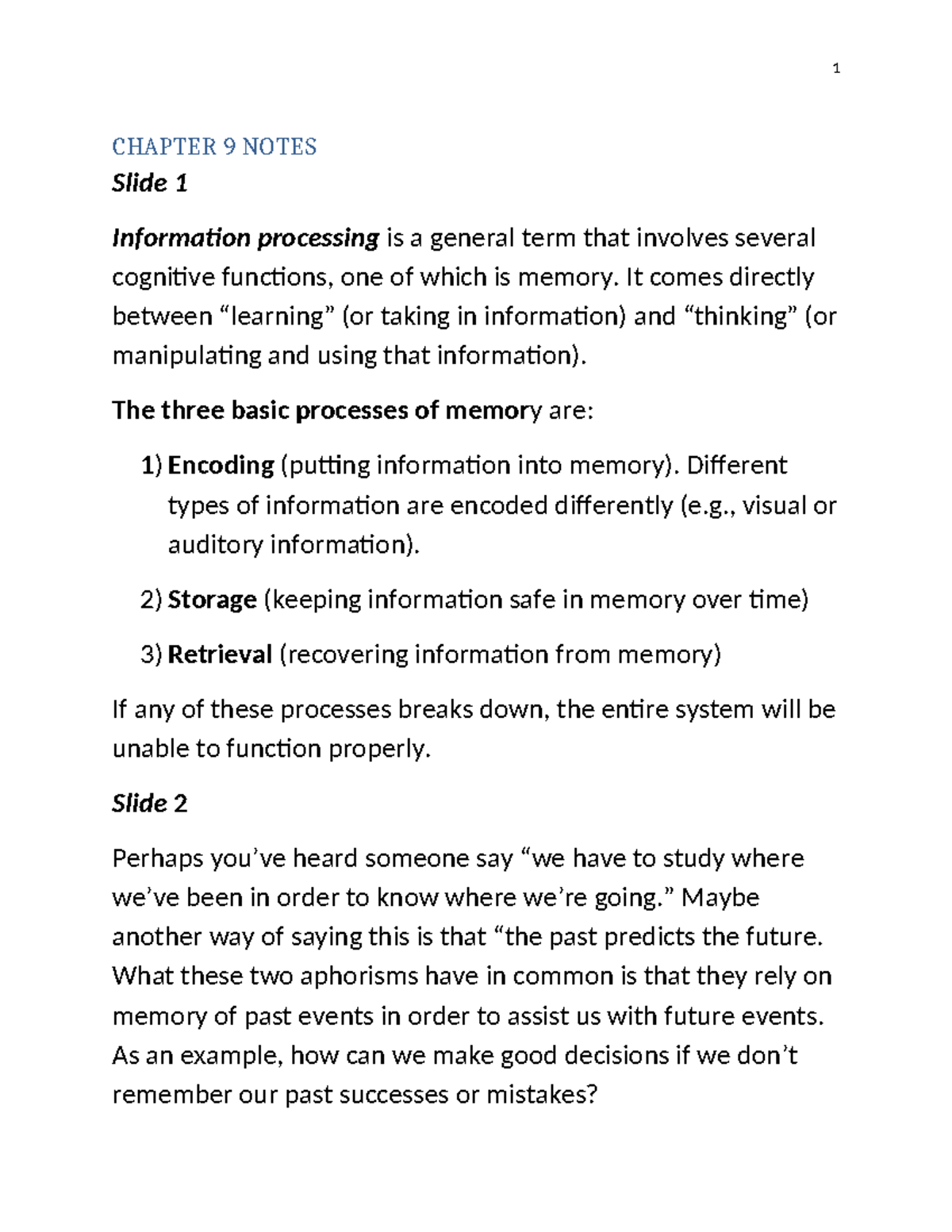 Cognitive Psychology 1: Chapter 9 Memory Processes Notes - Studocu