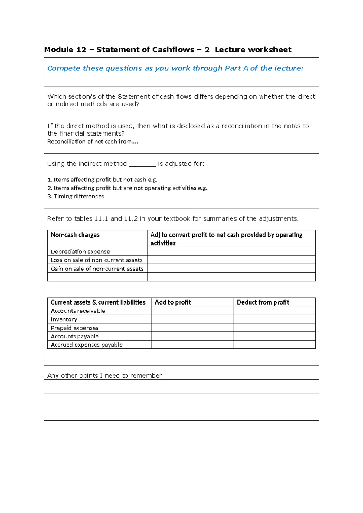 Module 11 ACCT1006 Statement of Cash Flows Lecture Worksheet - Studocu