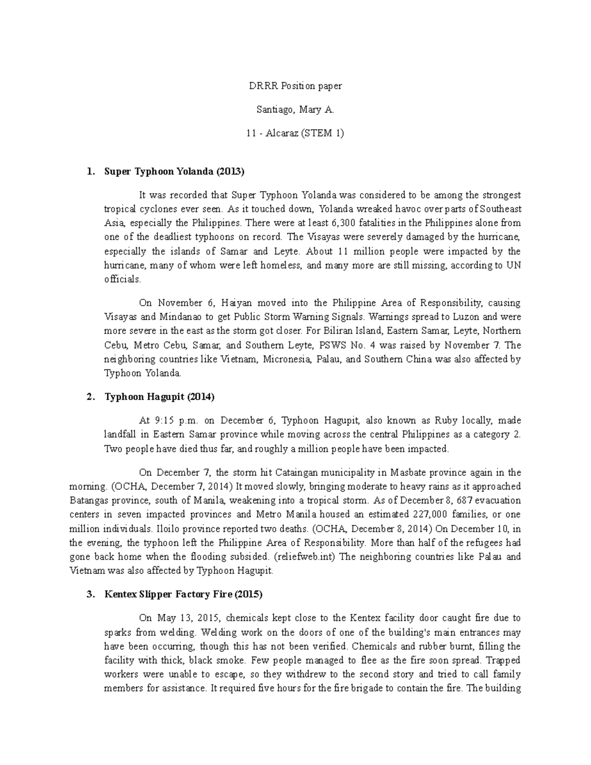DRRR Position Paper: Analyzing Major Disasters in the Philippines - Studocu