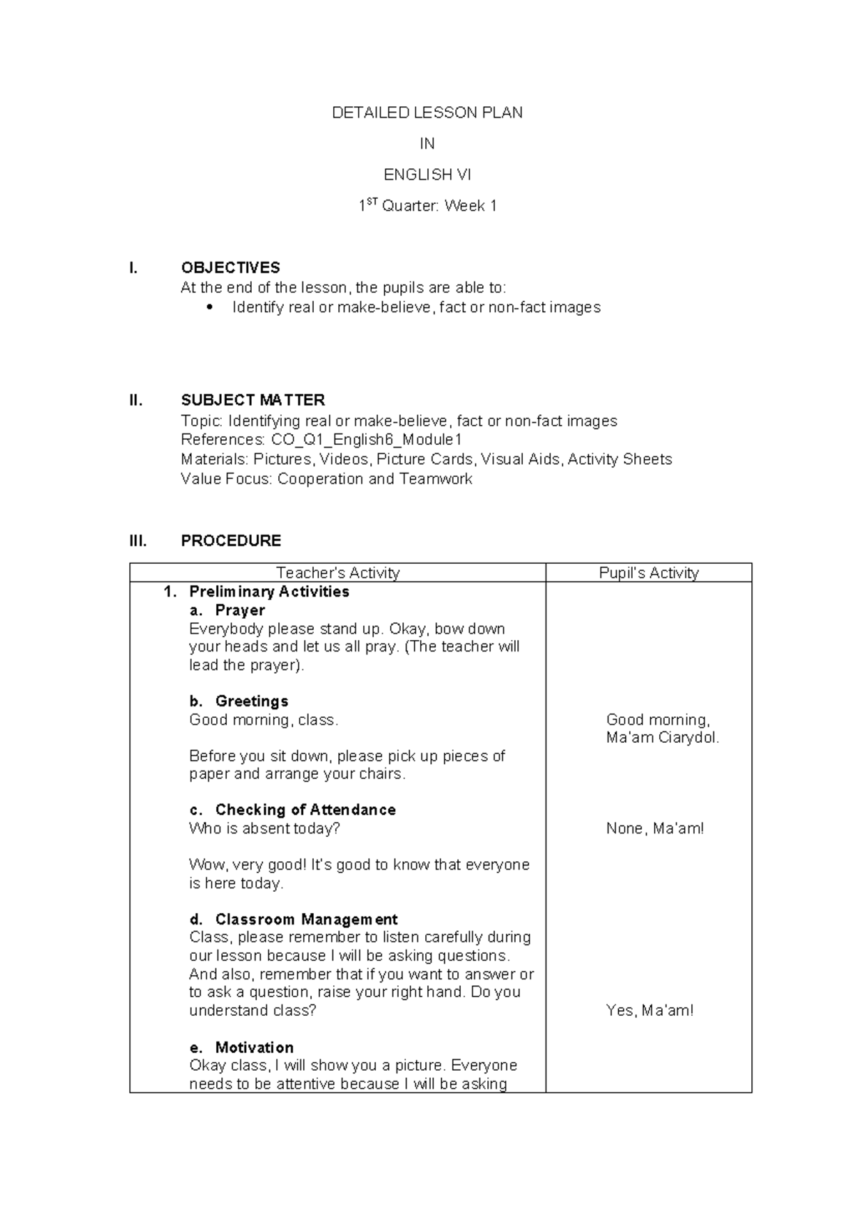 Detailed Lesson PLAN IN English 6 - DETAILED LESSON PLAN IN ENGLISH VI ...