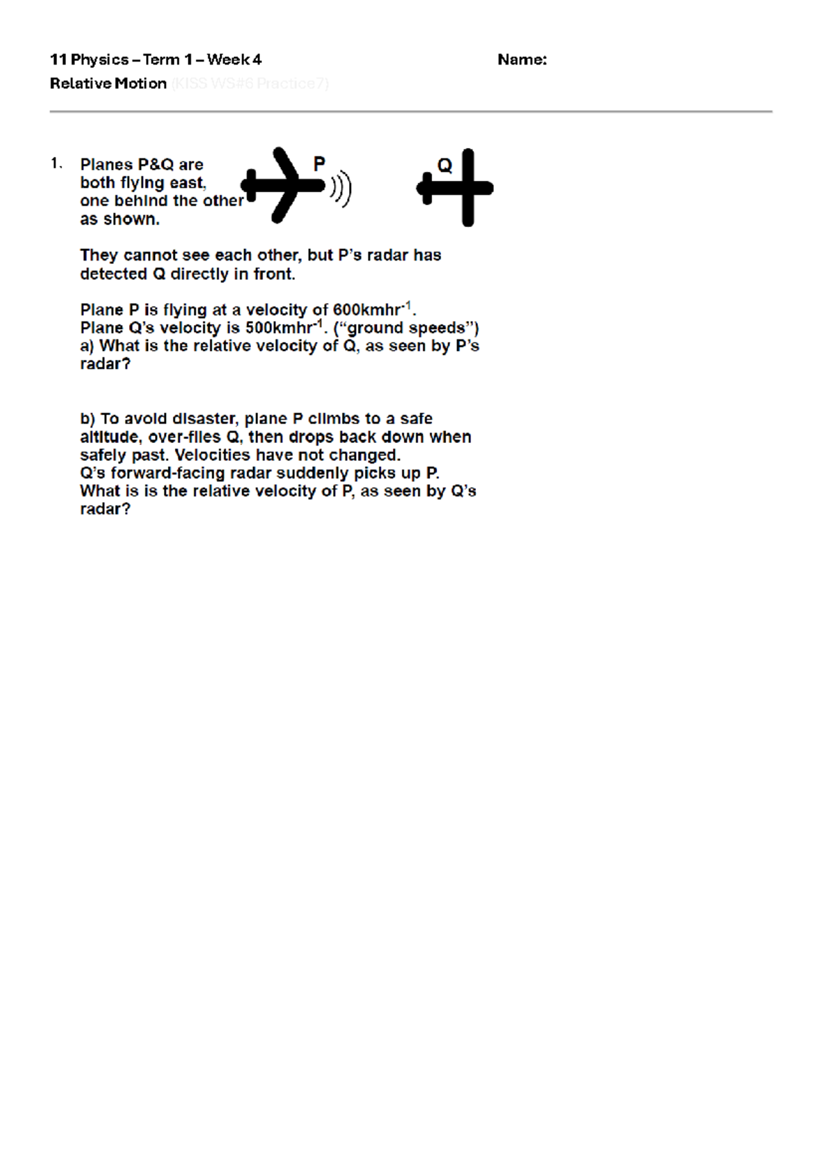 11 Physics T1W4 Relative Motion Worksheet (KISS Practice 7) - Studocu