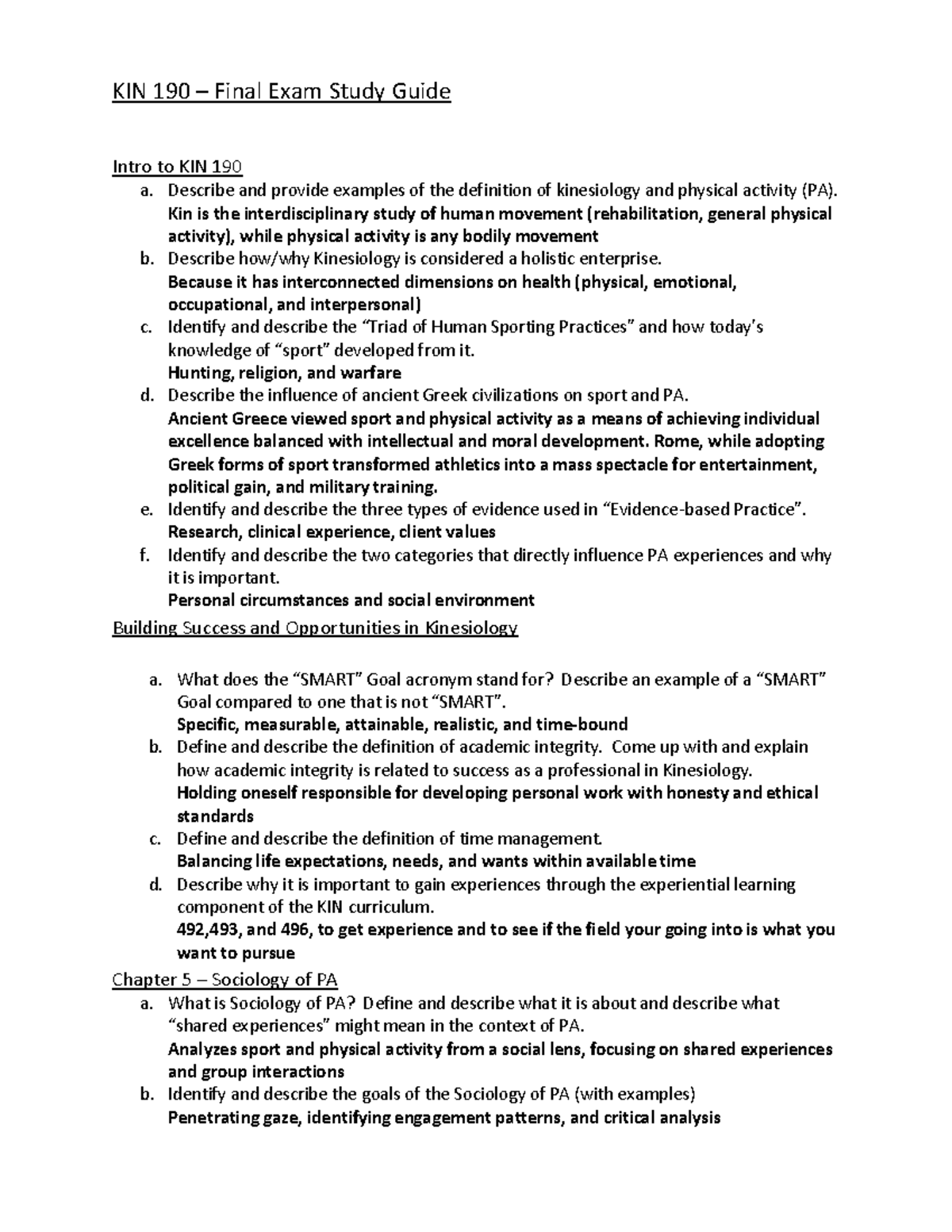 KIN 190 – Final Exam Study Guide: Essential Kinesiology Concepts - Studocu