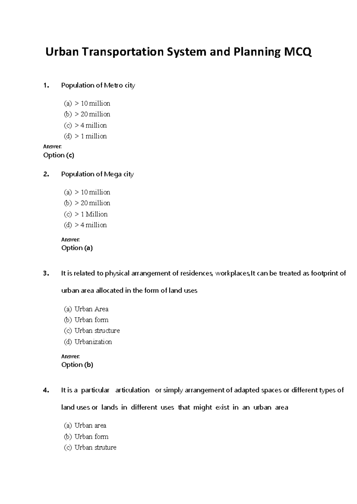 Urban Transportation System and Planning MCQ Review (Course Code: URB ...