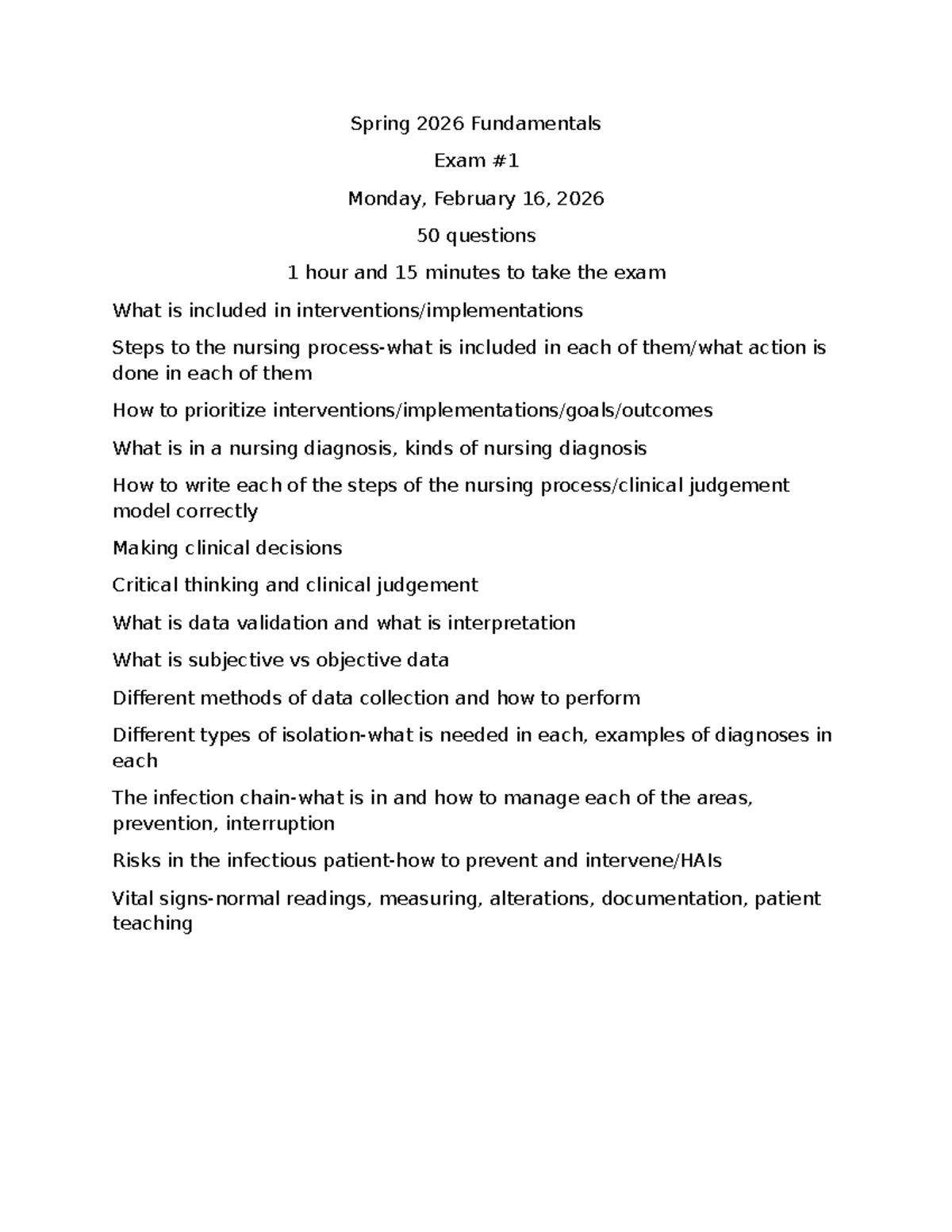 Spring 2026 Nursing Fundamentals Exam Review Guide - Studocu