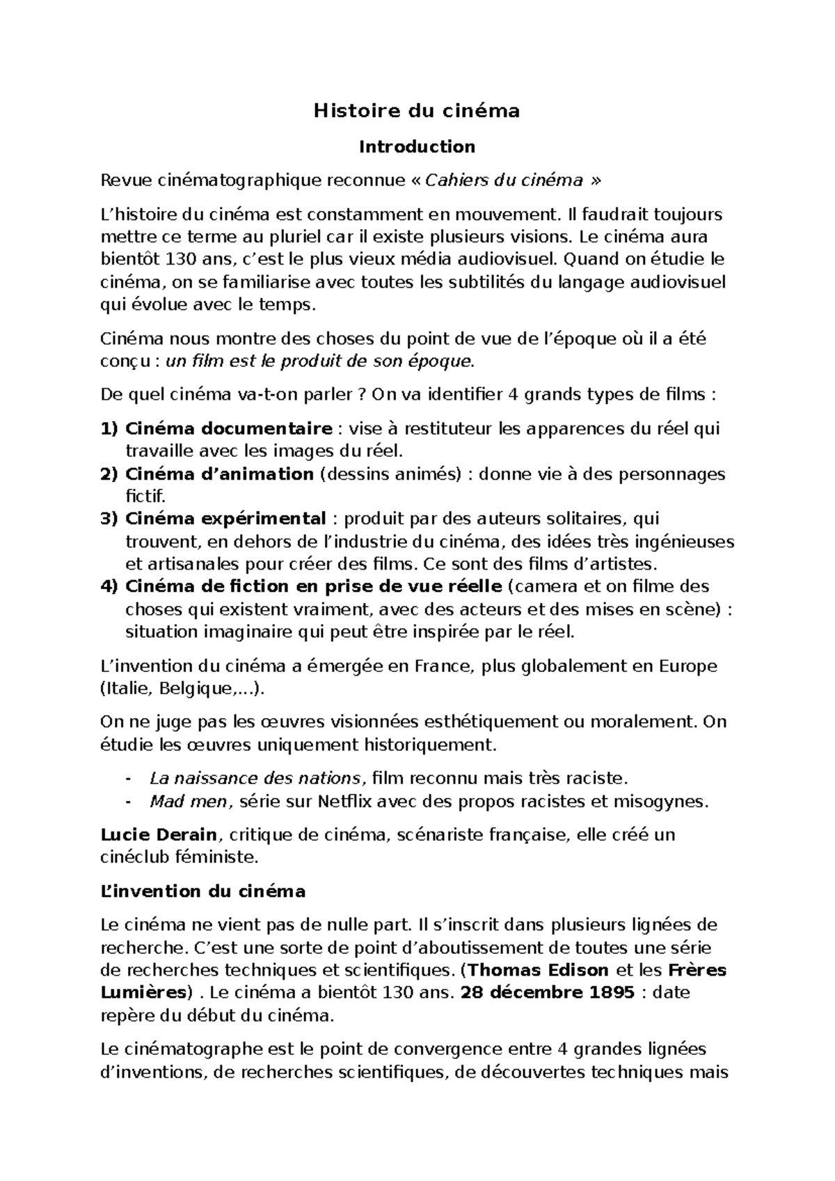 Histoire du Cinéma - Notes de Cours (CIN101) - Studocu