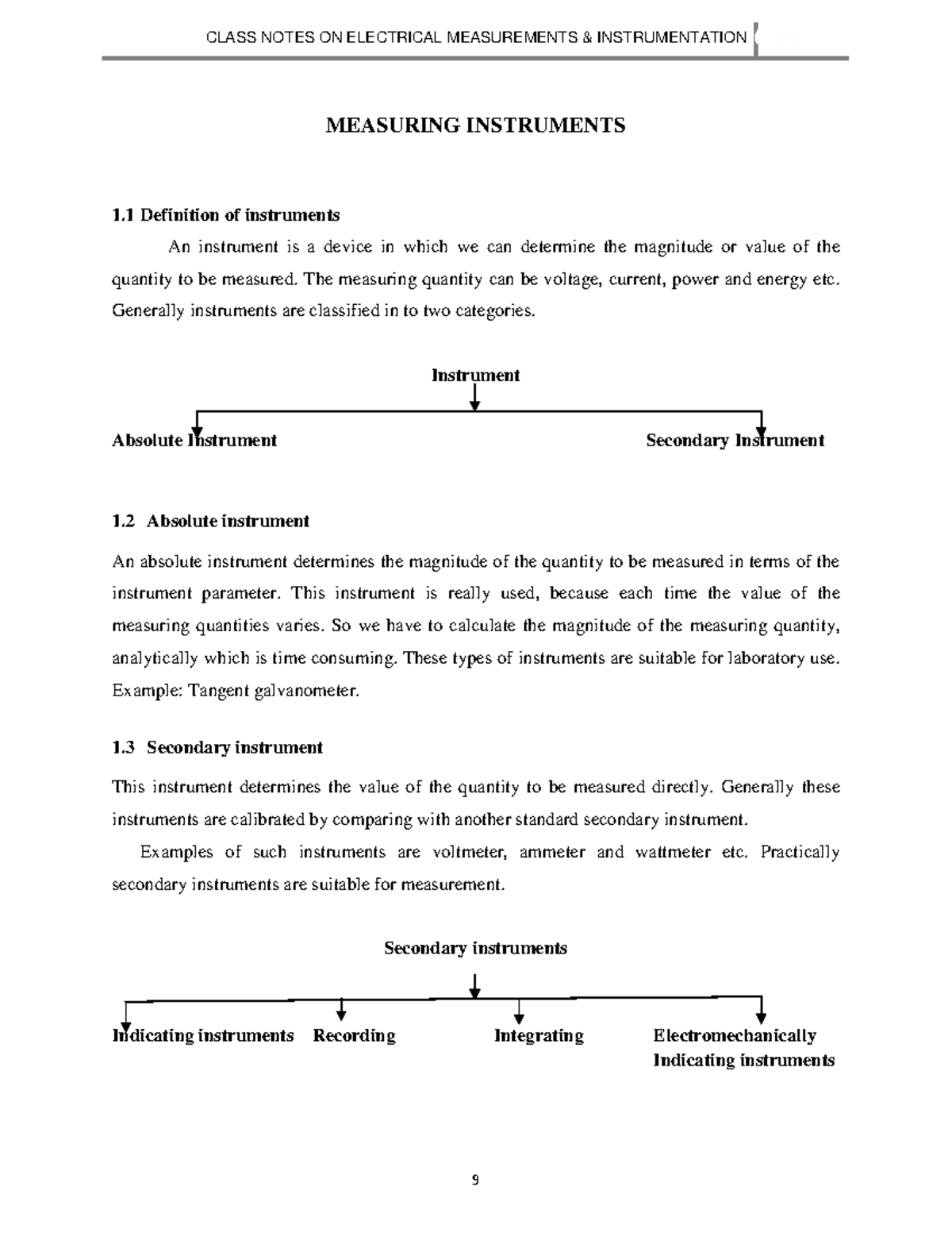 CLASS NOTES ON ELECTRICAL MEASUREMENTS INSTRUMENTATION 2015 - UNIT 1 ...