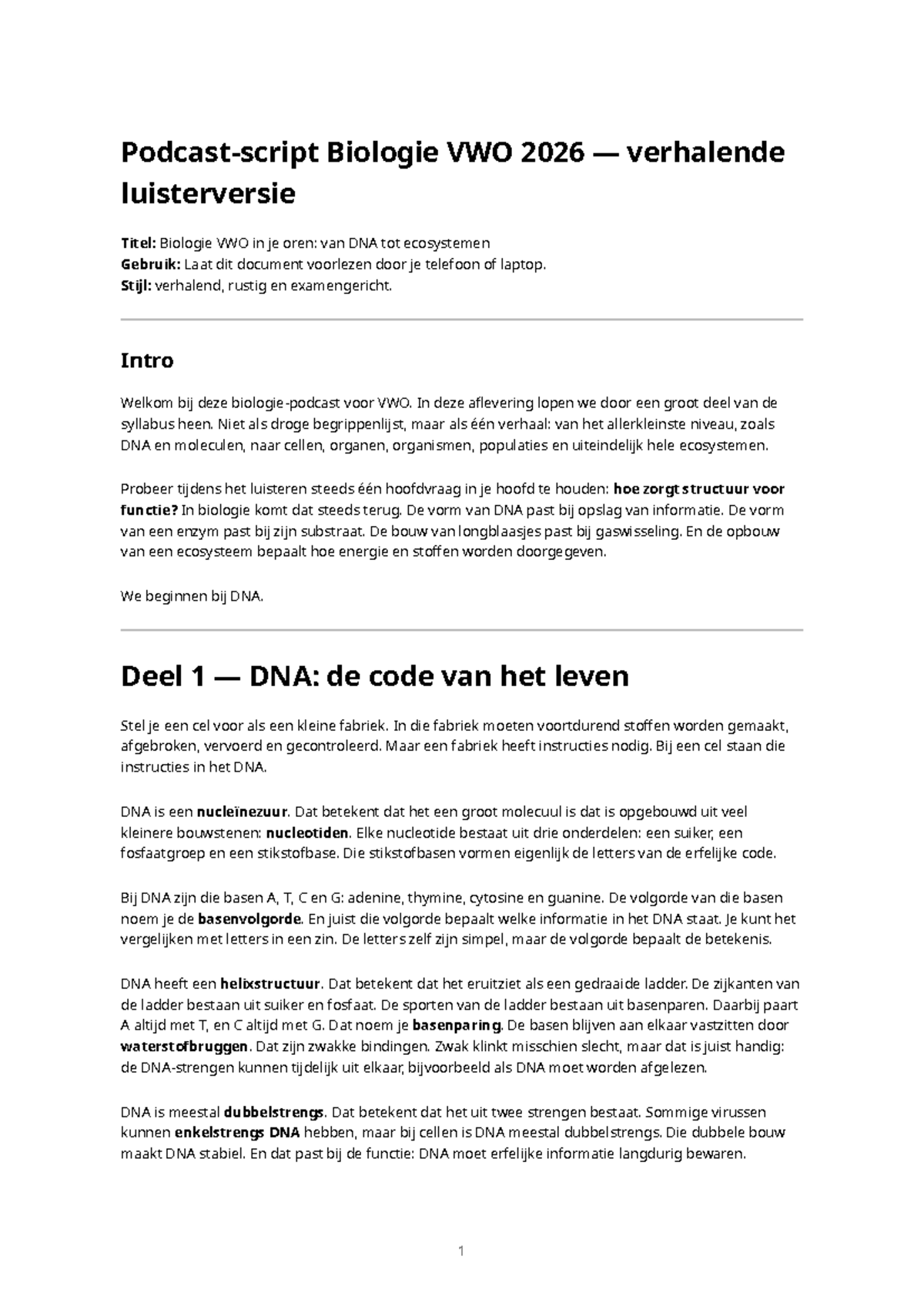 Podcast Script Biologie VWO 2026: Van DNA tot Ecosystemen - Studeersnel
