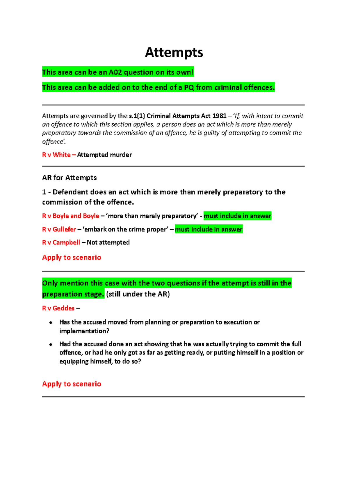 A02 Criminal Law: Attempts - Structure Sheets for Exam Prep - Studocu