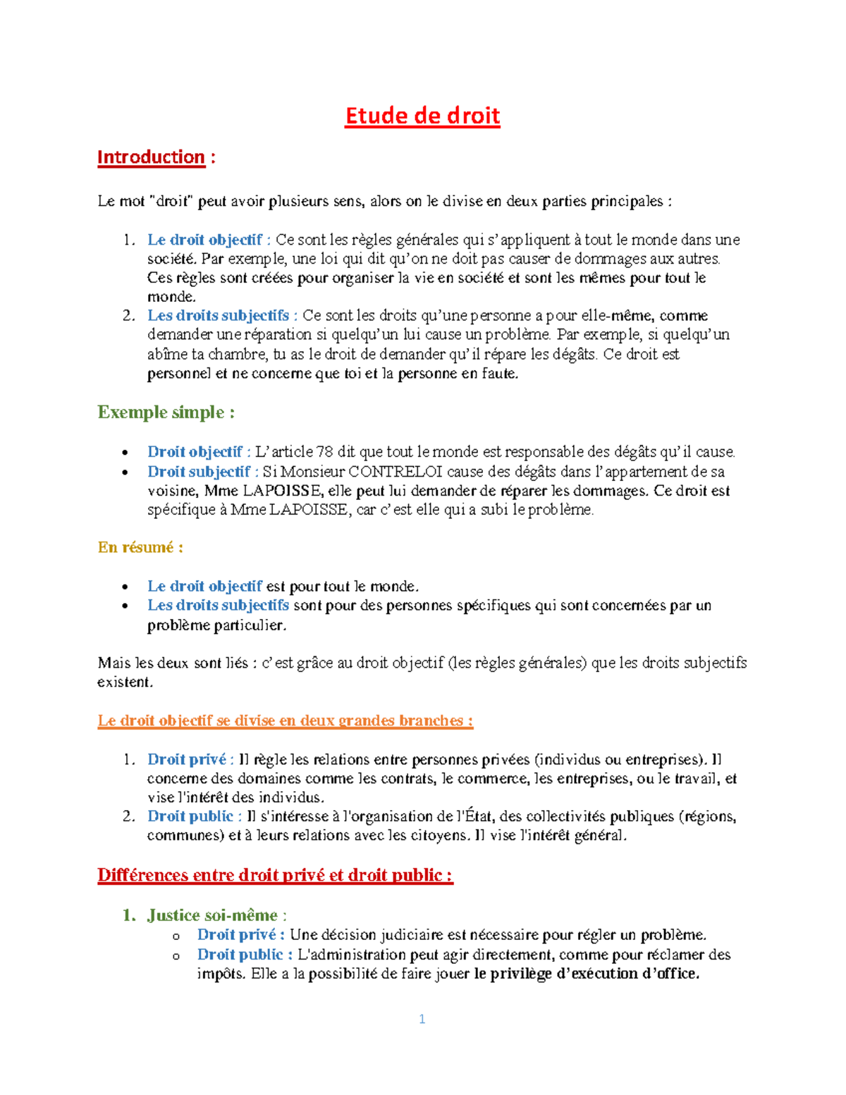 Etude de Droit 1 : Introduction au Droit Objectif et Subjectif - Studocu