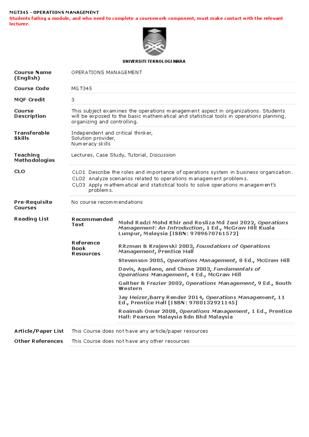 MGT345 - Operations Management Course Outline and Details - Studocu