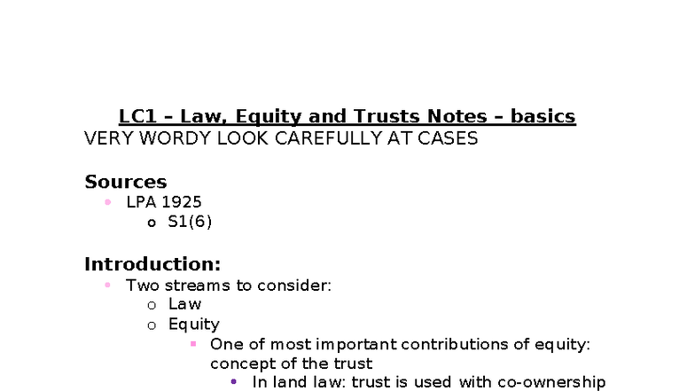 LC1 Law, Equity & Trusts Basics: Key Concepts & Cases - Studocu