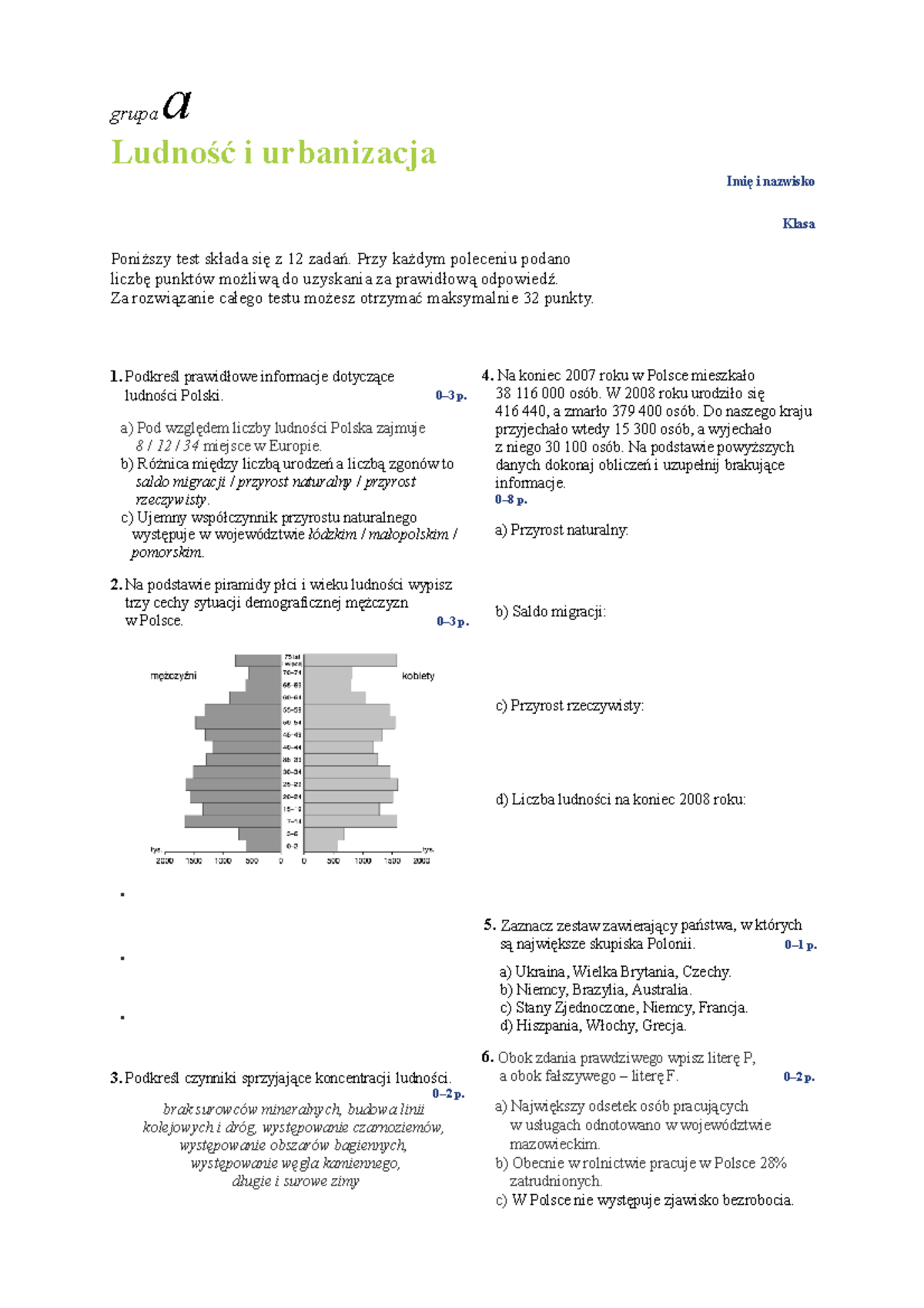 Sprawdzian Geografia 1 Technikum Ludność I Urbanizacja