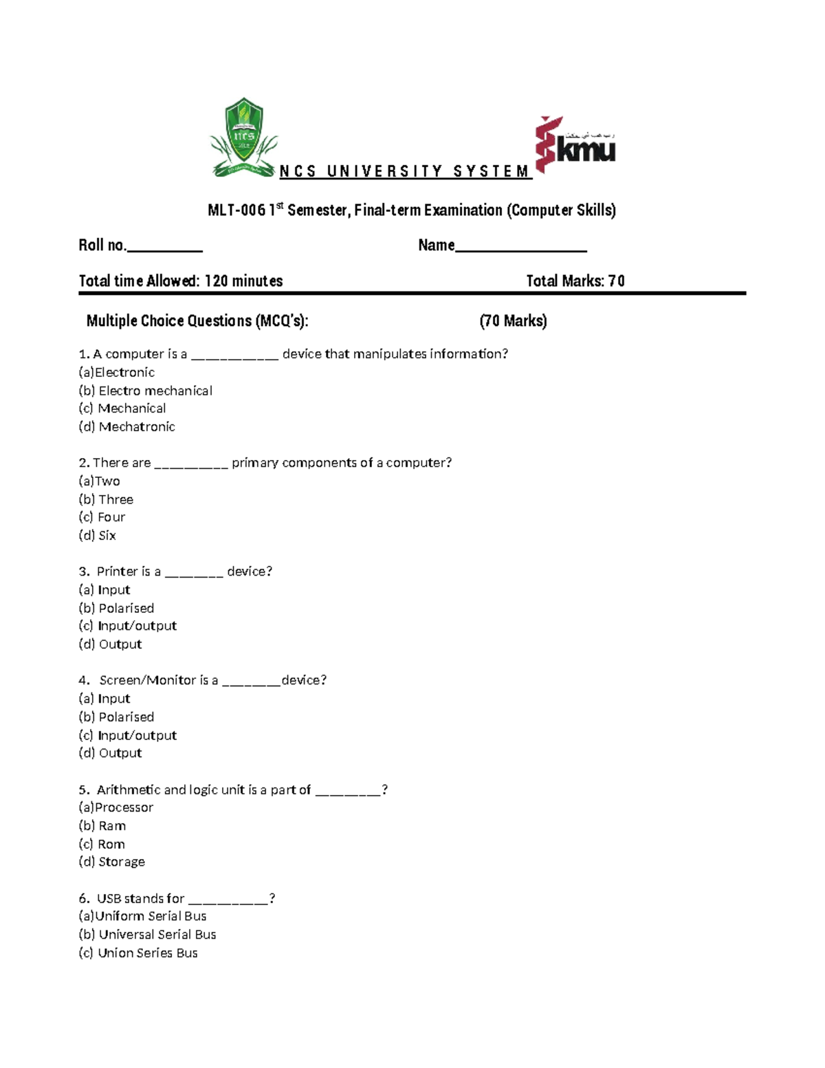 NCS 1st Sem Computer Skills Final Exam Proposed Paper - Studocu