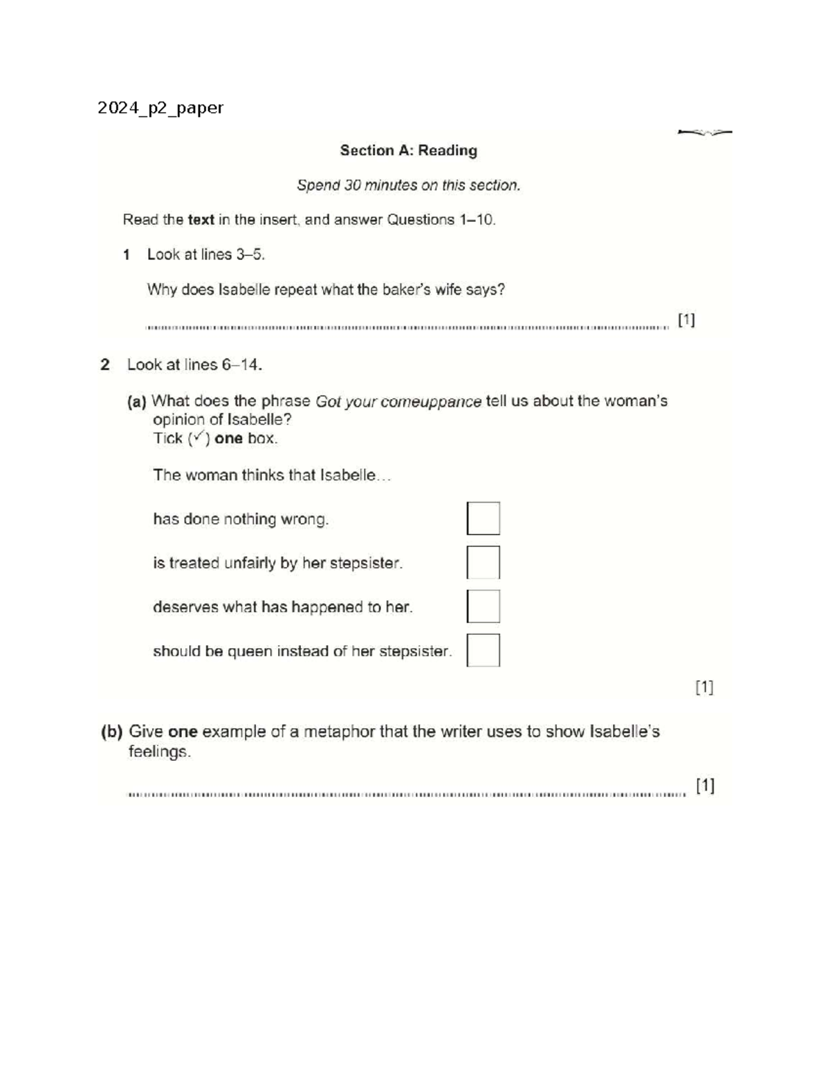 2024 P2 Paper: Section A & B Reading and Writing Test - Studocu