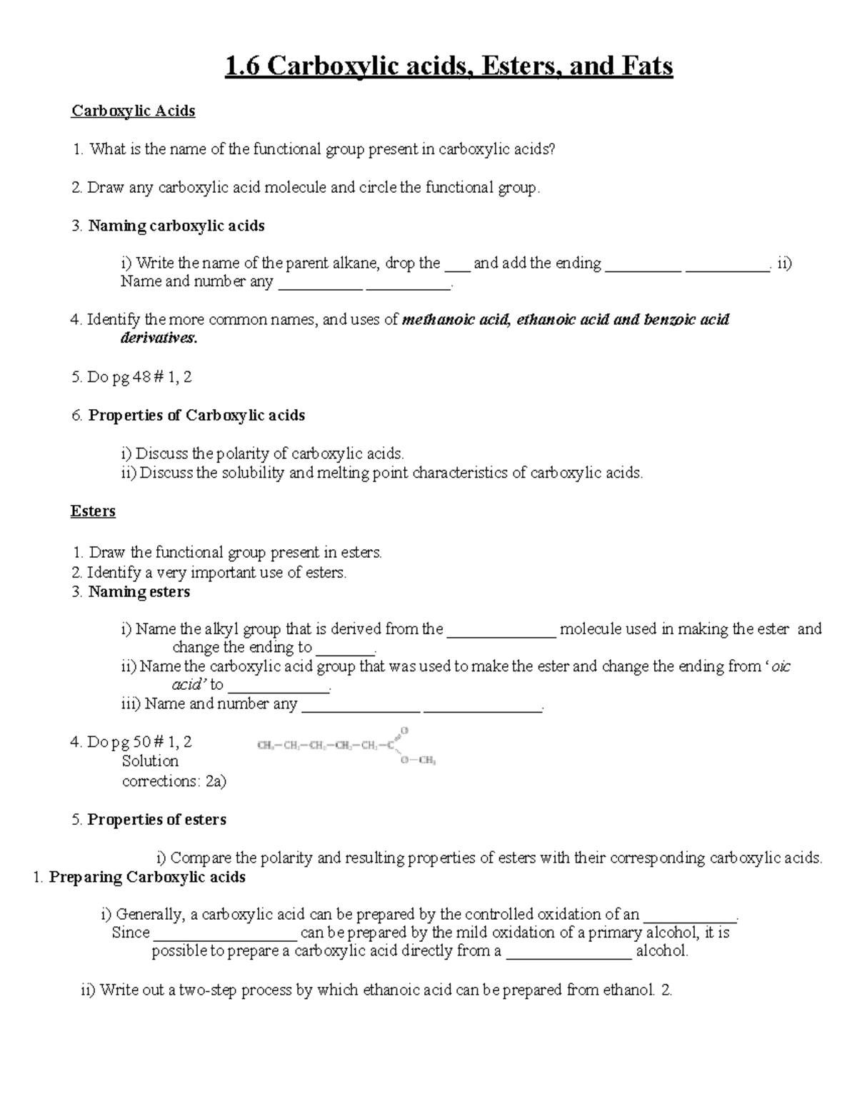 1.6 Carboxylic acids, Esters, and Fats HO - 1 Carboxylic acids, Esters ...