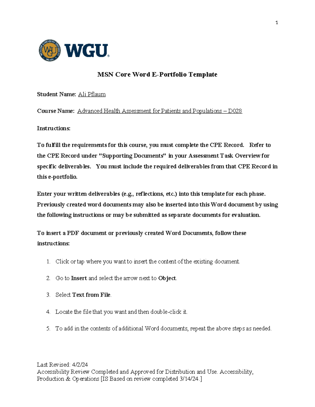 E-Portfolio for D028 - CPE Task 1: Clinical Practice Experience Details ...